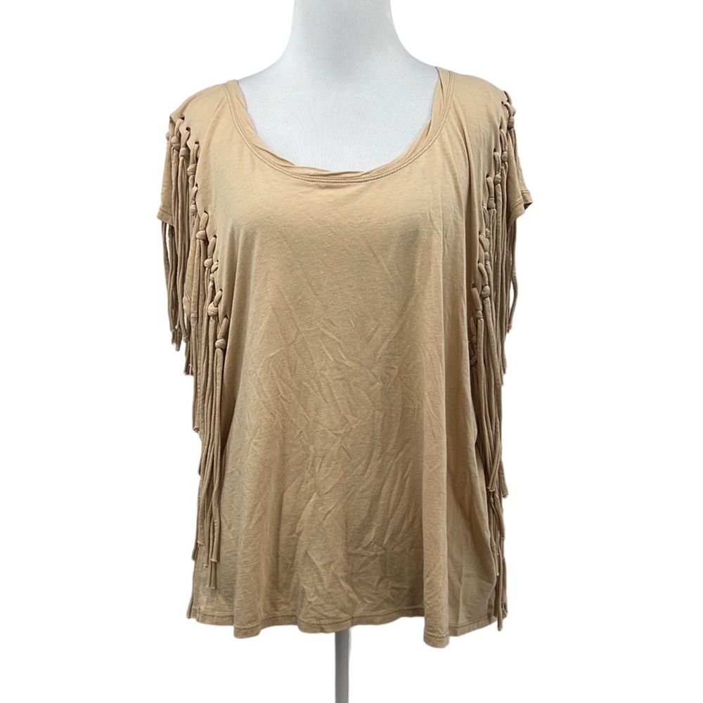 Free People Blouse Womens XS Tan Tassel Knotted Fringe Cotton Loose Top